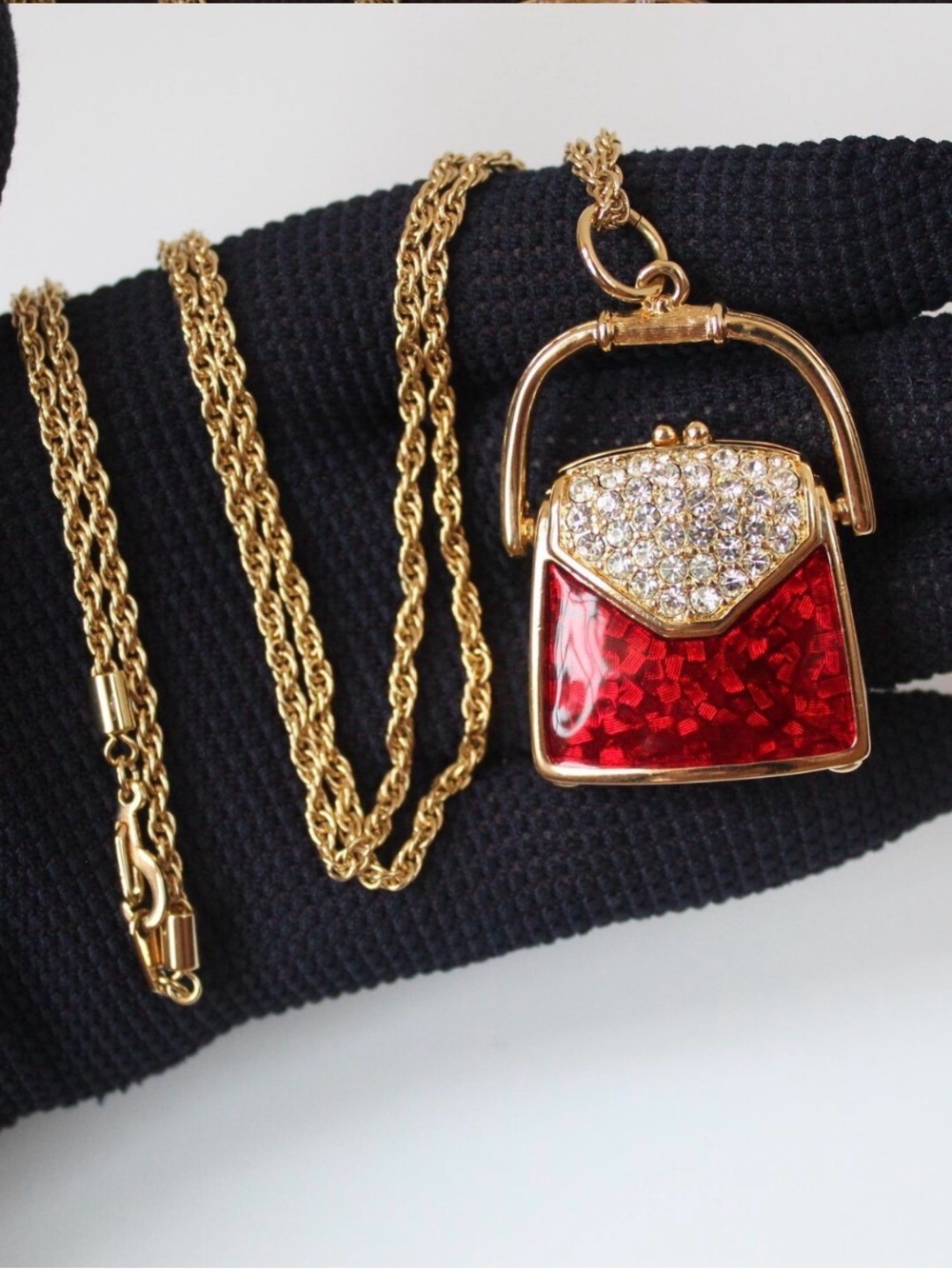 Swarovski Purse Locket Pendant Necklace Crystal Red Enamel Vintage Swan Opens - Picture 3 of 11